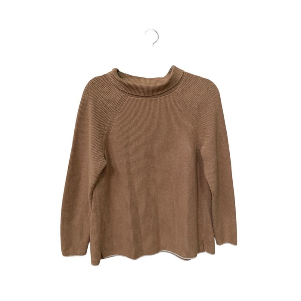 Talbots Sweater Womens Size LP Brown Cotton Knit Tipped Funnel Neck Raglan Top